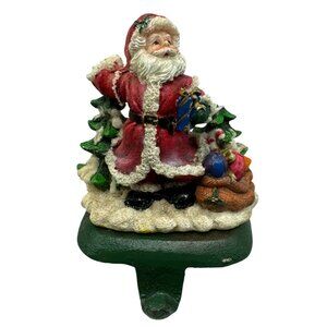 Vintage Christmas Santa Claus Metal Stocking Holder With Painted Details READ